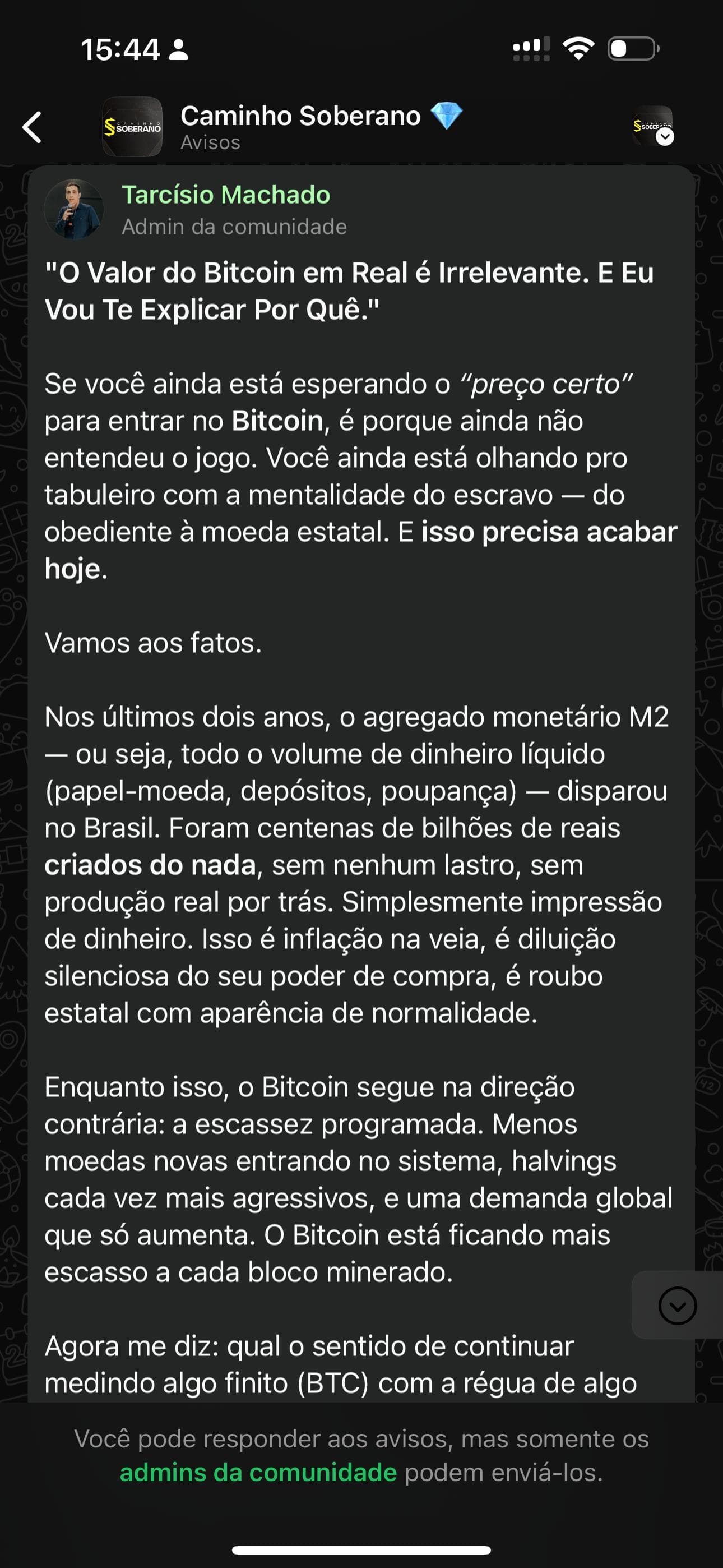 Aviso da comunidade Caminho Soberano sobre Bitcoin