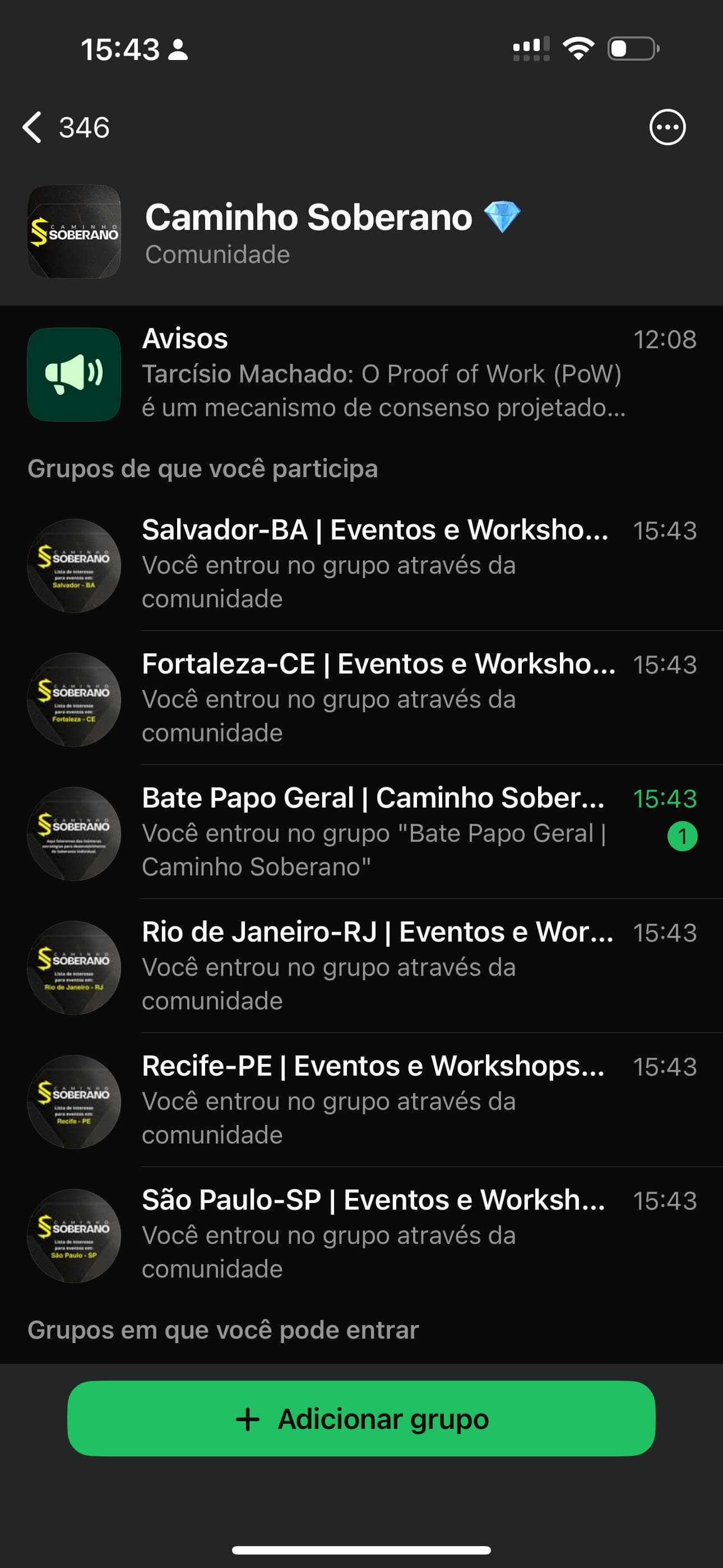 Comunidade Caminho Soberano no WhatsApp, grupos por cidade